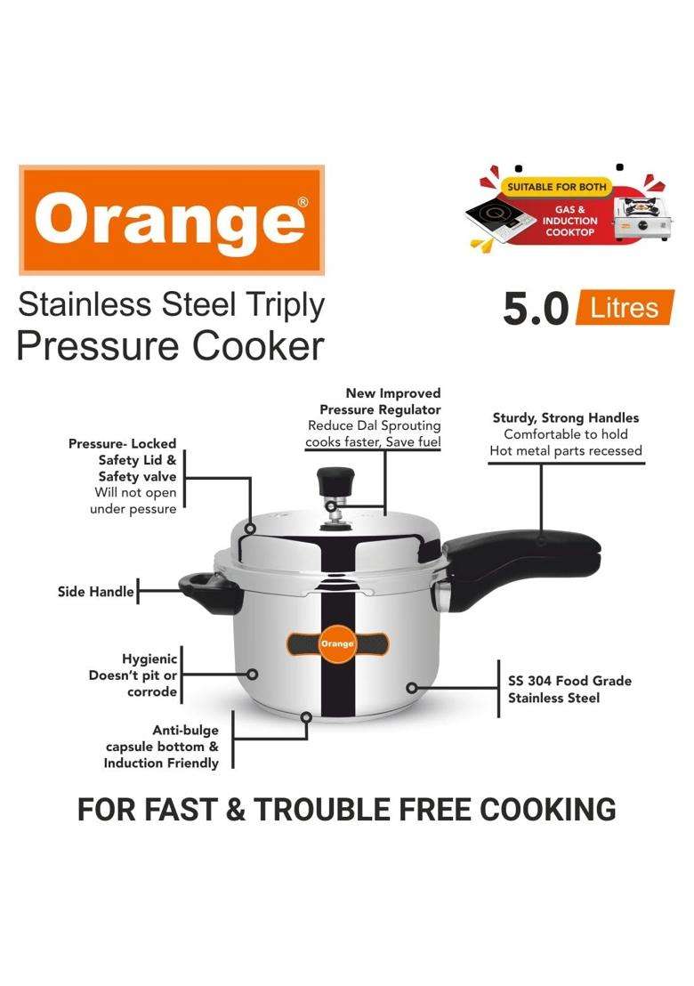 Orange Triply Stainless Steel Outer Lid Pressure Cooker Capacity with Strong | 5 L | 5.3 Qt | Induction Compatible - Indya
