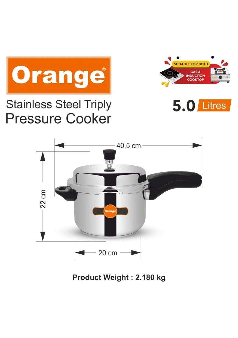 Orange Triply Stainless Steel Outer Lid Pressure Cooker Capacity with Strong | 5 L | 5.3 Qt | Induction Compatible - Indya
