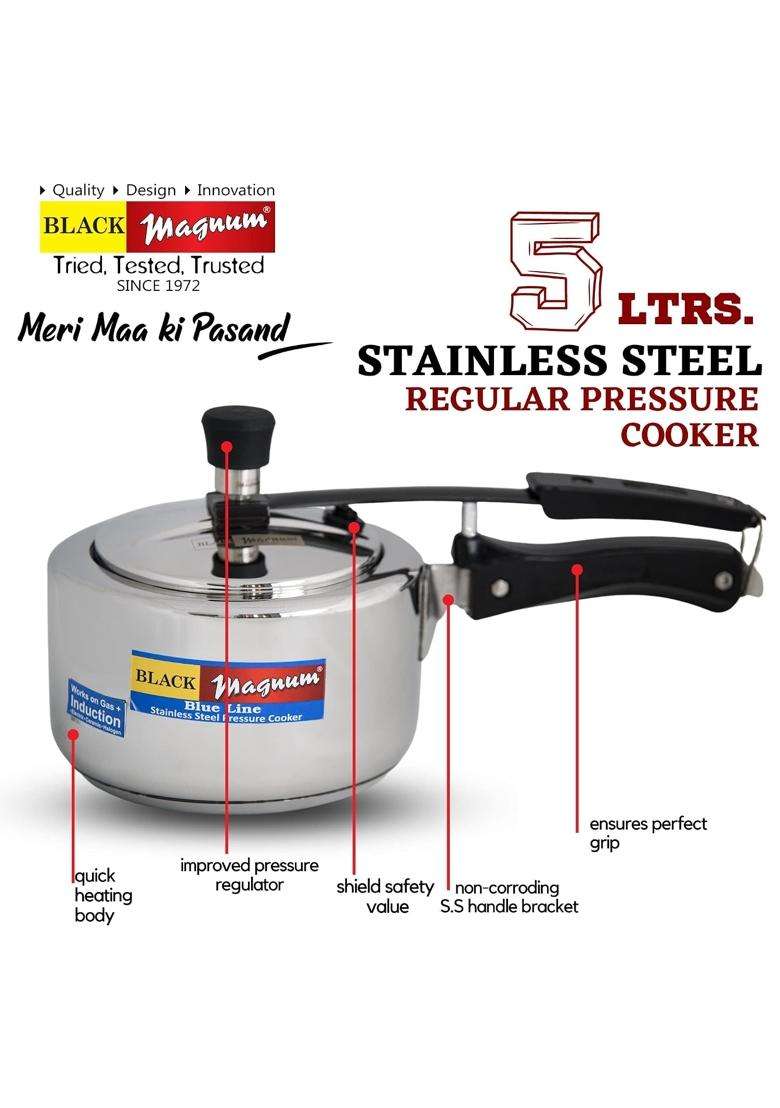 Black Magnum Pro SSR-3 Stainless Steel Induction Compatible Inner Lid Pressure Cooker | 5 L | 5.3 Qt - Indya