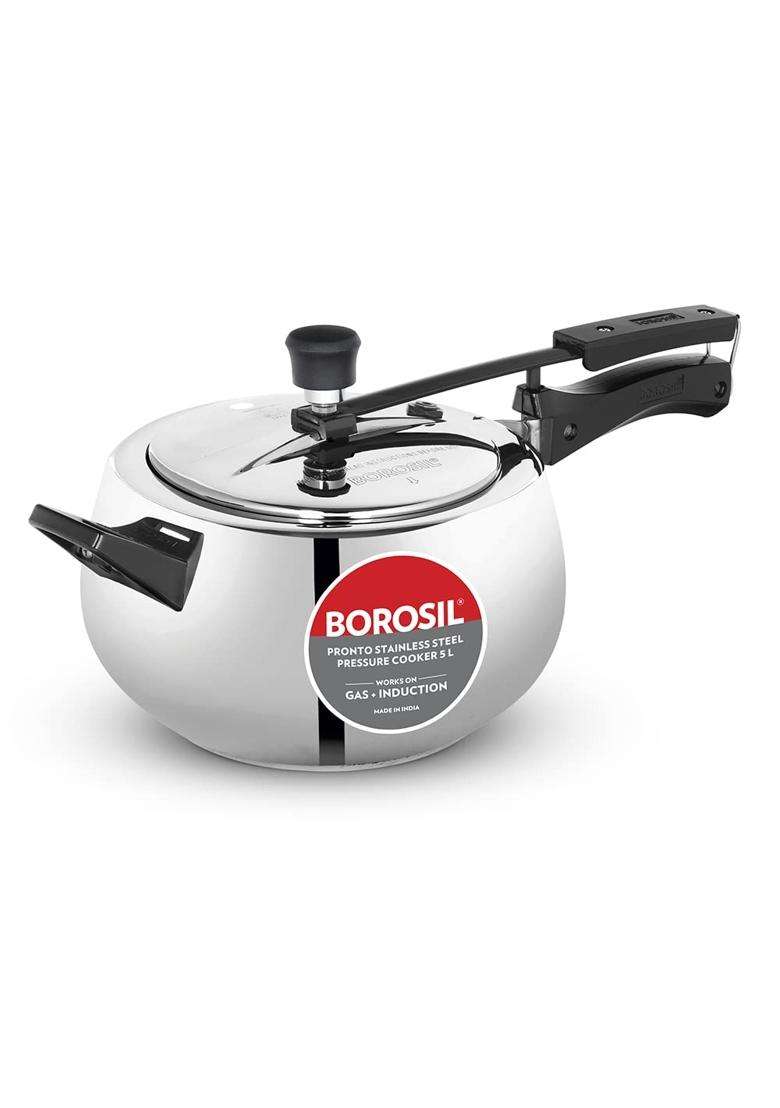 Borosil Pronto Stainless Steel Pressure Cooker with Inner Lid | 5 L | 5.3 Qt | Induction Compatible | Food Safe - Indya