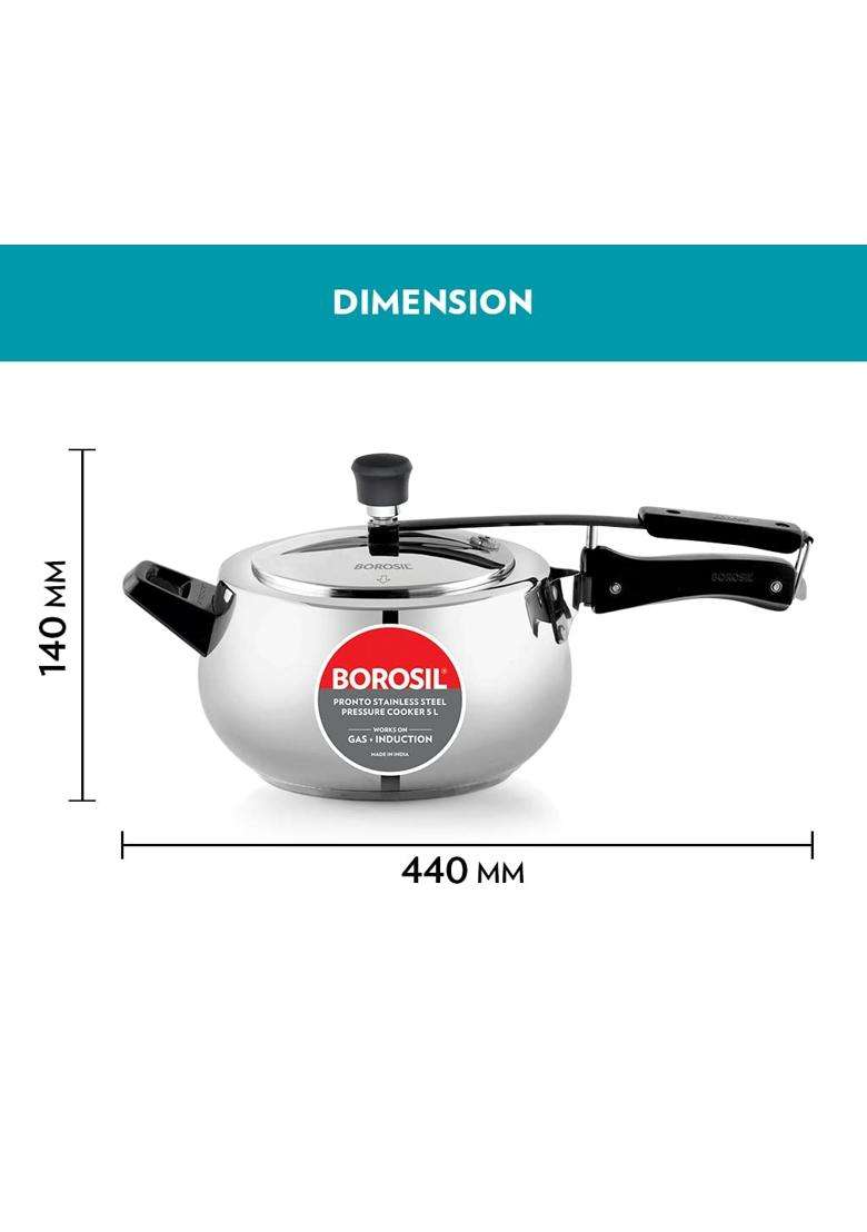 Borosil Pronto Stainless Steel Pressure Cooker with Inner Lid | 5 L | 5.3 Qt | Induction Compatible | Food Safe - Indya