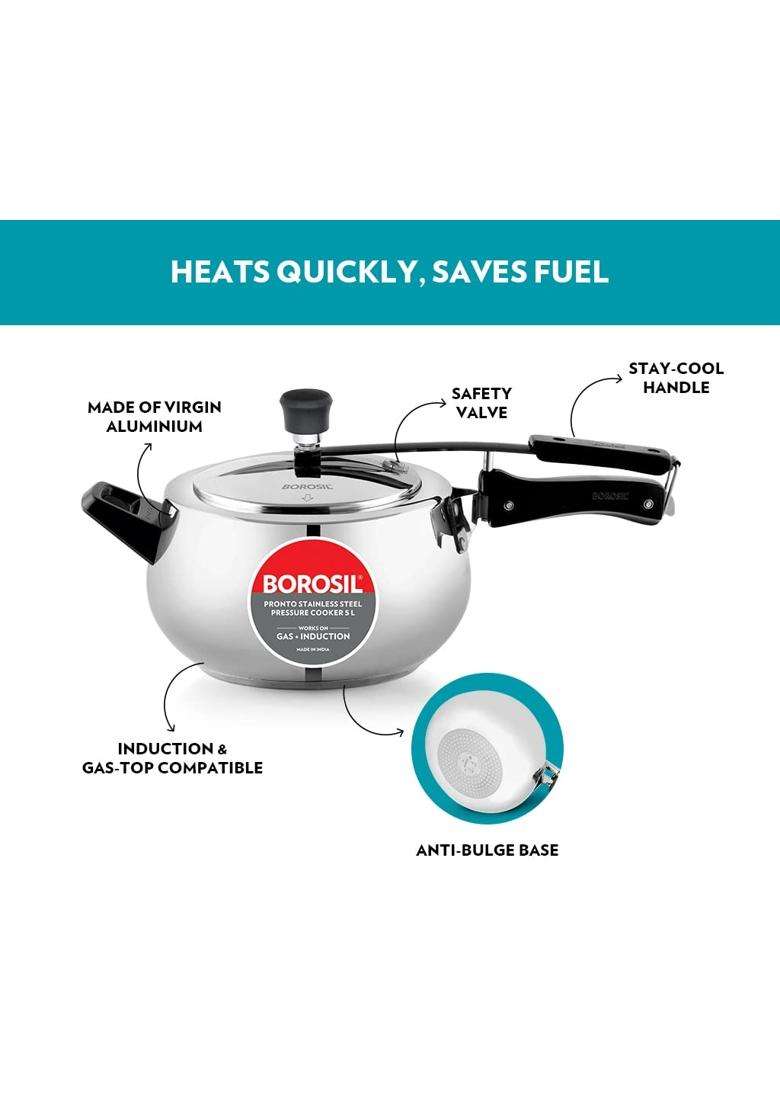 Borosil Pronto Stainless Steel Pressure Cooker with Inner Lid | 5 L | 5.3 Qt | Induction Compatible | Food Safe - Indya
