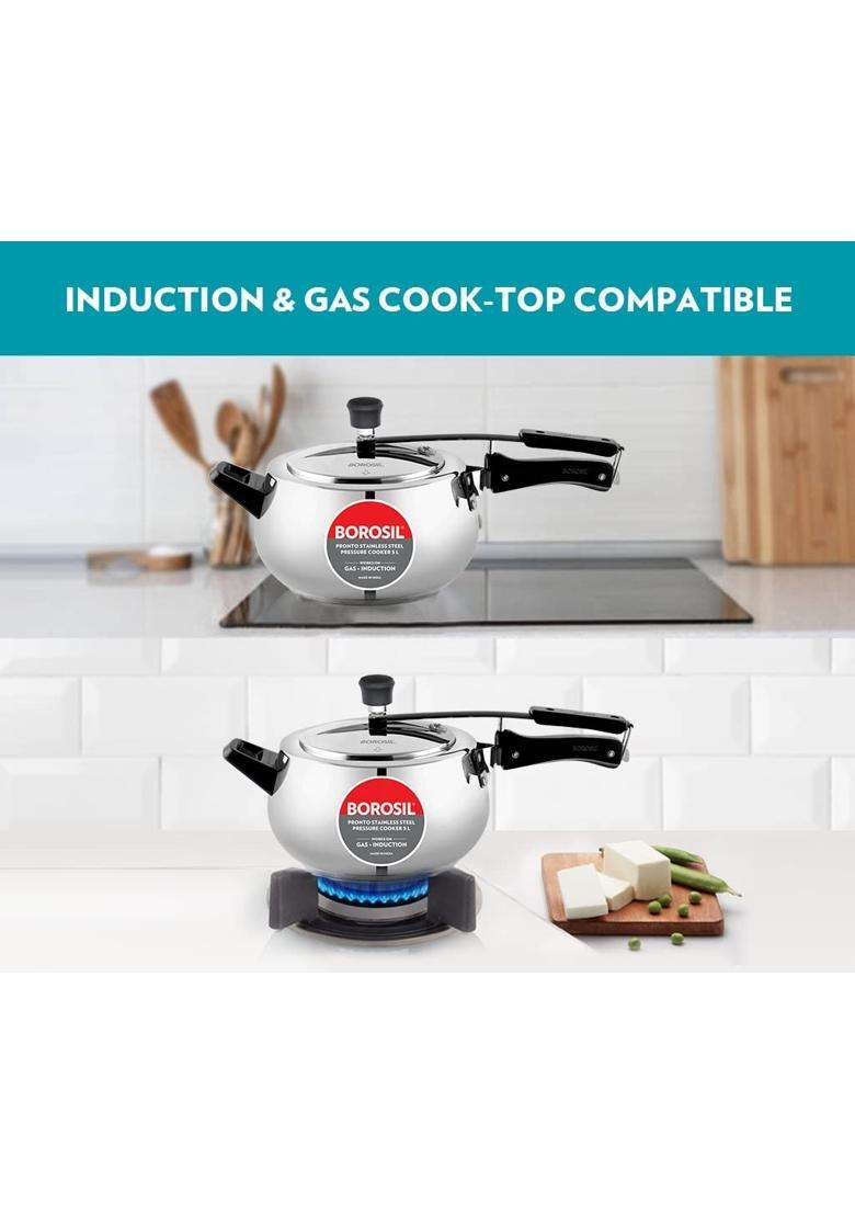 Borosil Pronto Stainless Steel Pressure Cooker with Inner Lid | 5 L | 5.3 Qt | Induction Compatible | Food Safe - Indya