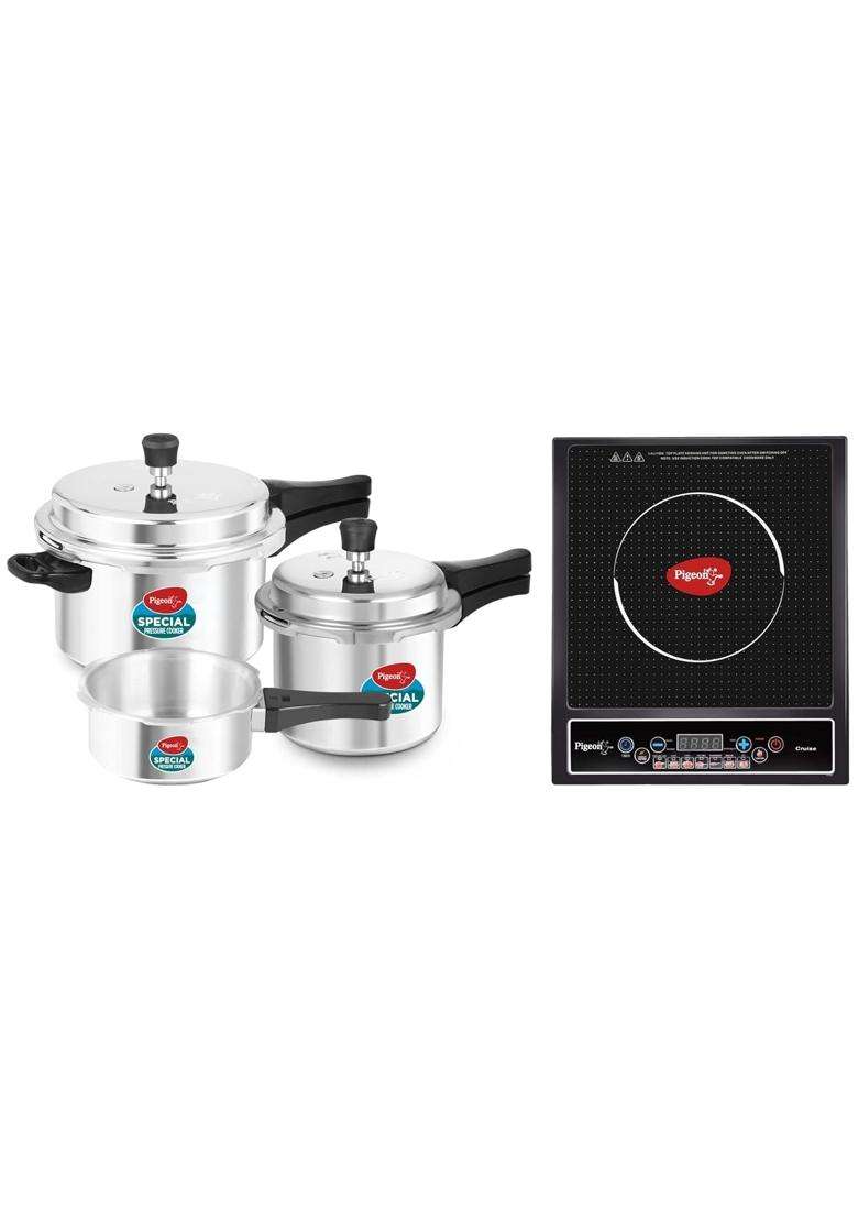 Pigeon Aluminium by Stovekraft Pressure Cooker Combo with Outer Lid Gas Stove | 5 L | 5.3 Qt | Induction Compatible - Indya