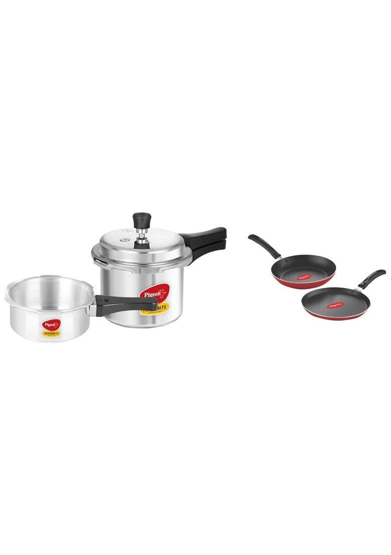 Pigeon Aluminium Nonstick Duo Pack Flat Tawa Flat Griddle 250 and Fry Pan 200 Gift Set | 3 L | 3.2 Qt - Indya