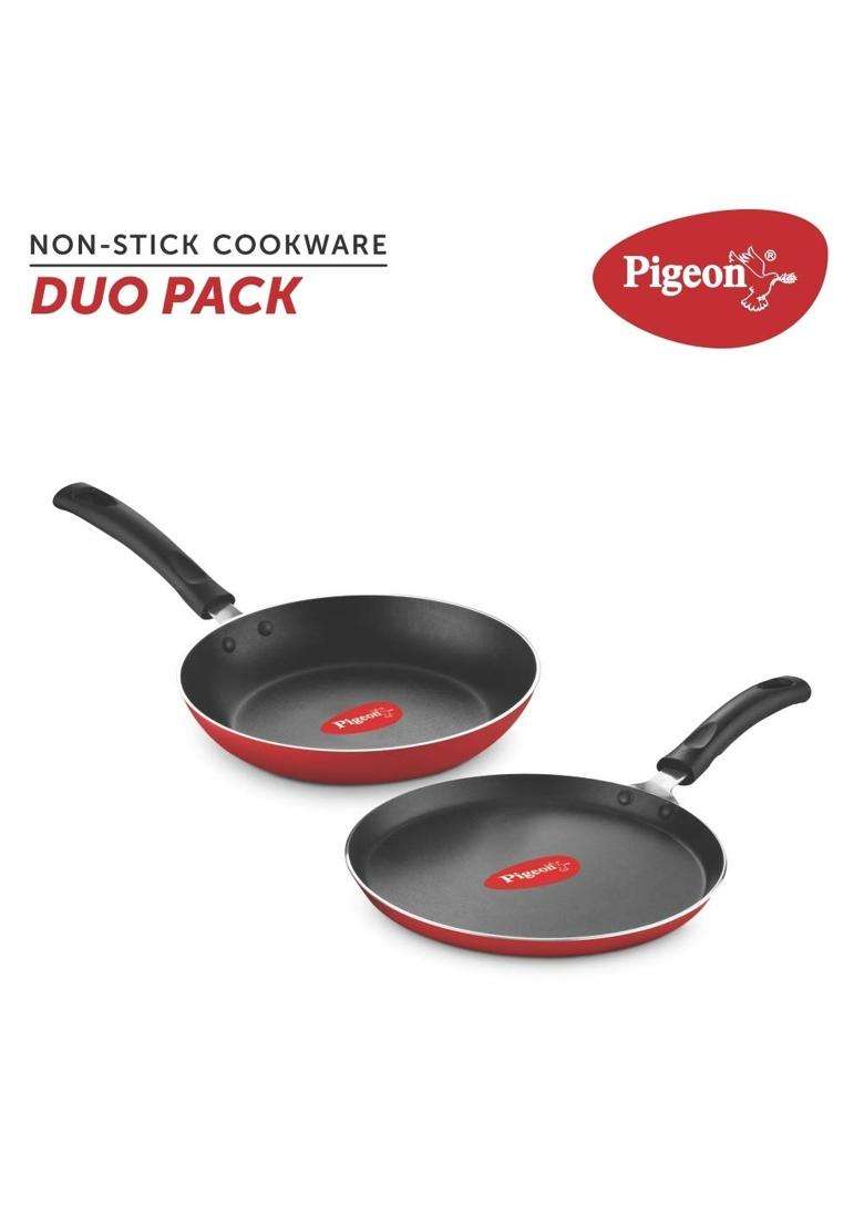Pigeon Aluminium Nonstick Duo Pack Flat Tawa Flat Griddle 250 and Fry Pan 200 Gift Set | 3 L | 3.2 Qt - Indya