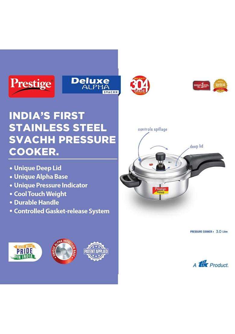 Prestige Svachh Deluxe Alpha Stainless Steel Pressure Cooker Prestige Svachh Deluxe | 3 L | 3.2 Qt - Indya