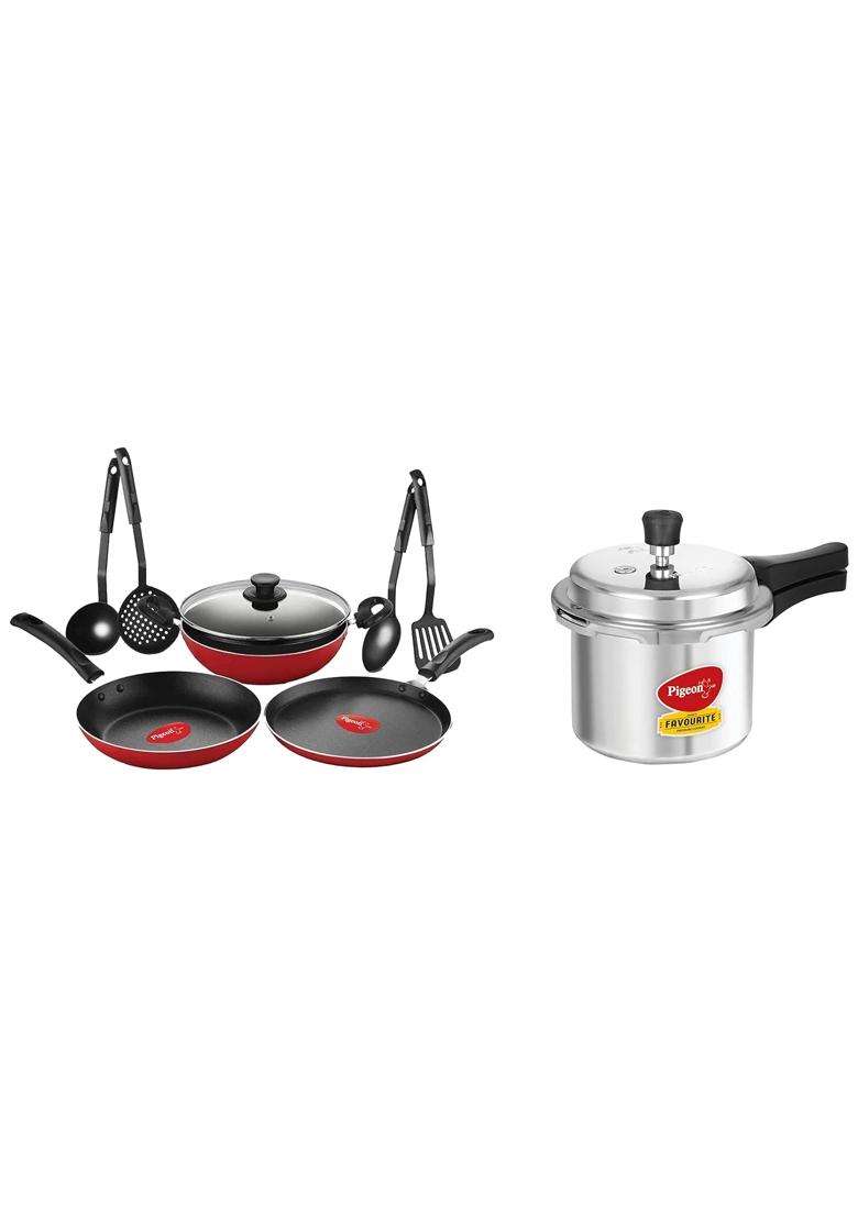 Pigeon By Stovekraft Favourite Induction Base Aluminum Pressure Cooker with Outer Lid | 5 L | 5.3 Qt | 8-Piece Set - Indya