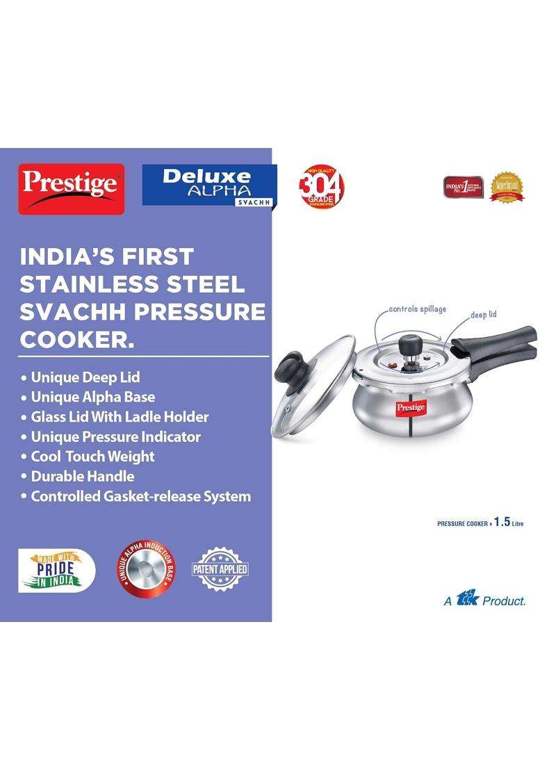 Prestige Deluxe Alpha Svachh Stainless Steel Outer Lid Pressure Cooker with Glass Lid | 1.5 L | 1.6 Qt | 10 cm | 3.9 Inch - Indya