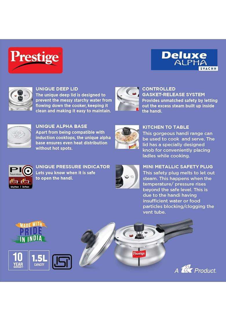 Prestige Deluxe Alpha Svachh Stainless Steel Outer Lid Pressure Cooker with Glass Lid | 1.5 L | 1.6 Qt | 10 cm | 3.9 Inch - Indya