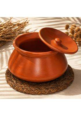 Pure Source India Round with Lid Clay Dahi Handi Cooking Pot | 1 L | 1.1 Qt