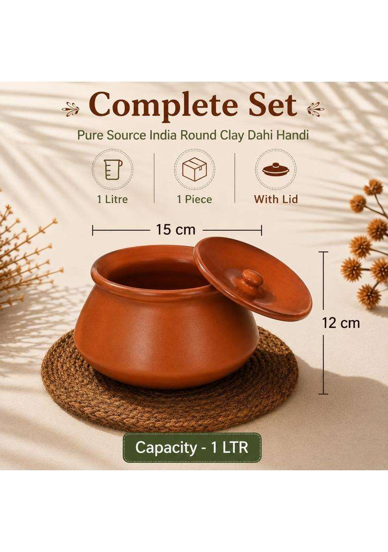 Pure Source India Round with Lid Clay Dahi Handi Cooking Pot | 1 L | 1.1 Qt - Indya