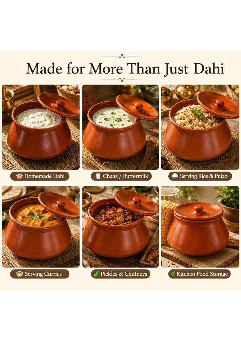Pure Source India Round with Lid Clay Dahi Handi Cooking Pot | 1 L | 1.1 Qt - Indya