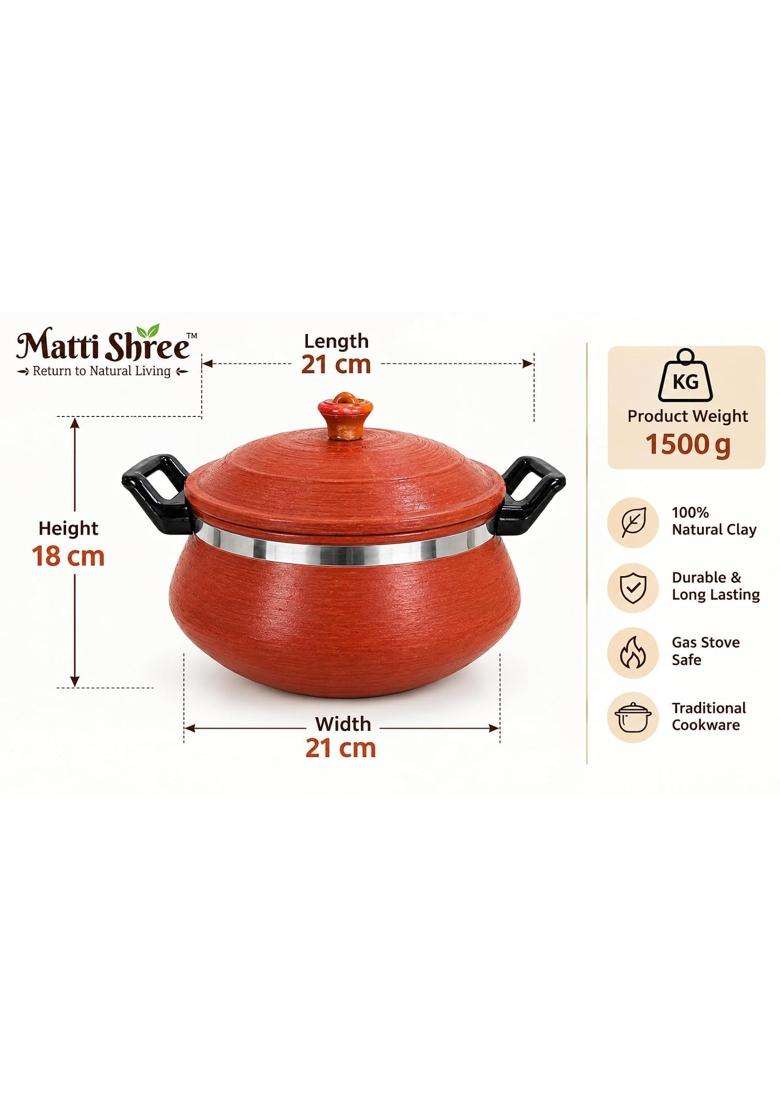 Matti Shree Unglazed Clay Handi for Cooking with Lid | 1 L | 1.1 Qt - Indya
