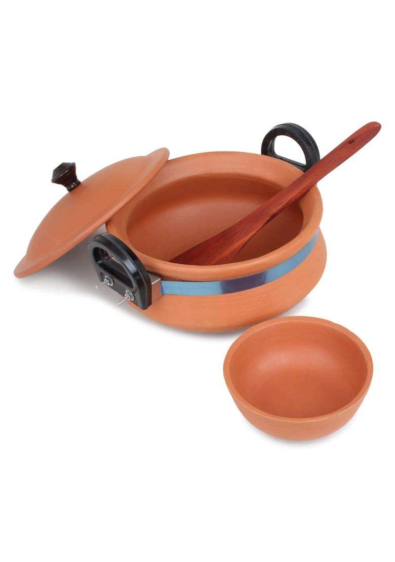KSI Handmade Clay Handi Cooking Pot | 2 L | 2.1 Qt | With Lid - Indya