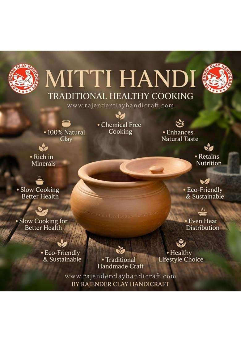 RAJENDER CLAY HANDICRAFT Mitti Handi Clay Pot for Cooking | 5 L | 5.3 Qt | Handcrafted - Indya