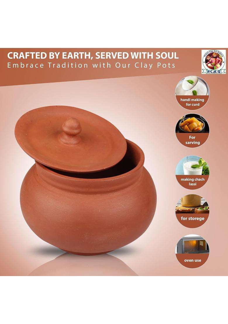 PALVIT CLAY ART GALLERY P.C..G Clay Dahi Handi with Lid for Curd and Sprouts | 0.5 L | 0.5 Qt | Handcrafted - Indya