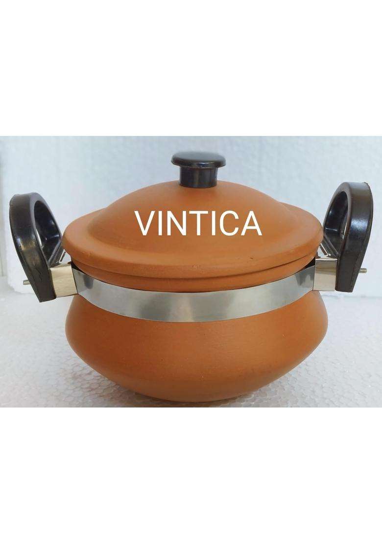 VINTICA Organic Clay Crafts Handmade Clay Handi Cooking Pot for Cooking Clay Handi MItti Handi | 1000 ml | 33.8 fl oz | With Lid - Indya