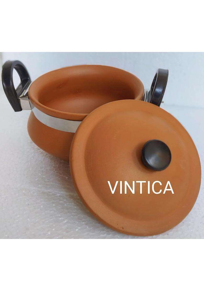VINTICA Organic Clay Crafts Handmade Clay Handi Cooking Pot for Cooking Clay Handi MItti Handi | 1000 ml | 33.8 fl oz | With Lid - Indya
