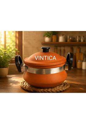 VINTICA Organic Clay Crafts Polished Handmade Clay Handi Cooking Pot for Cooking Clay Handi Mitti | 1000 ml | 33.8 fl oz | With Lid