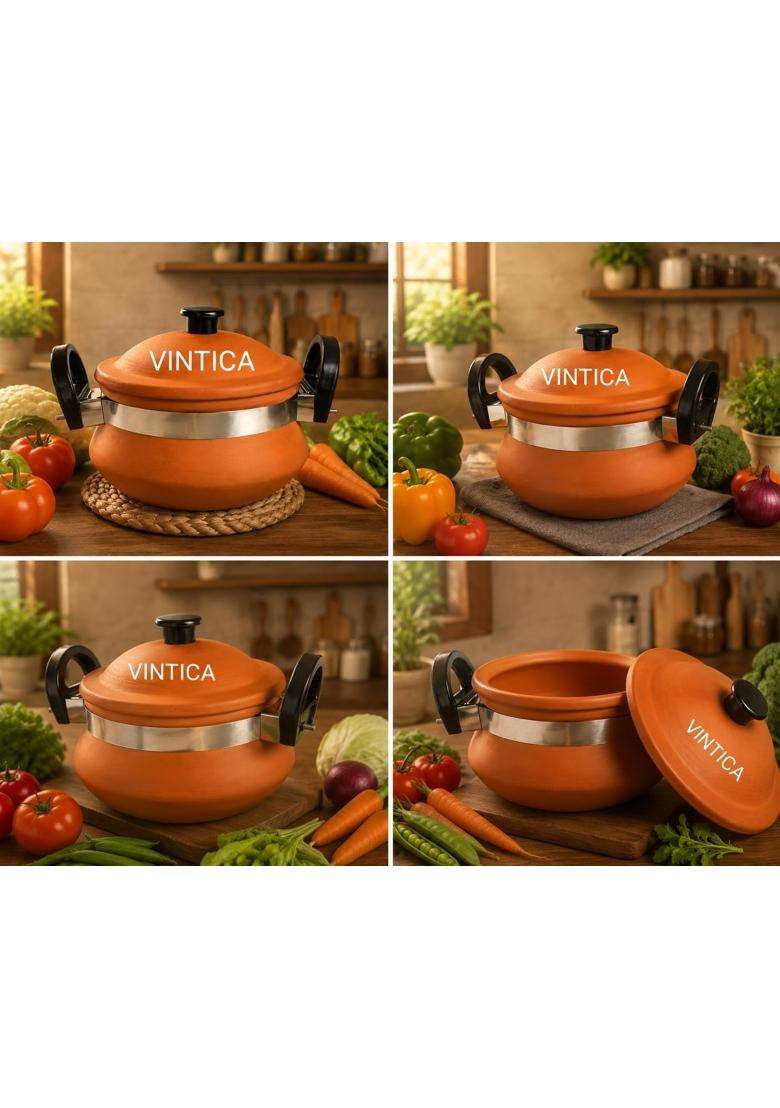 VINTICA Organic Clay Crafts Polished Handmade Clay Handi Cooking Pot for Cooking Clay Handi Mitti | 1000 ml | 33.8 fl oz | With Lid - Indya