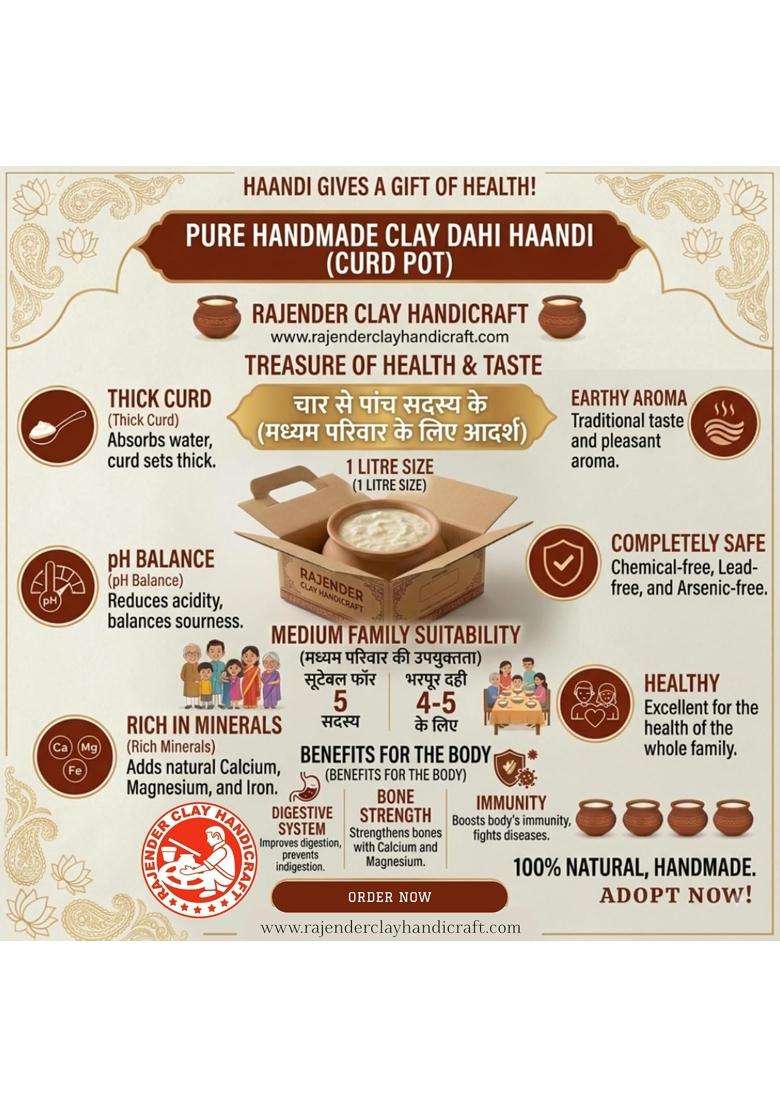RAJENDER CLAY HANDICRAFT Premium Handmade Dahi Handi Curd Pot | 1 L | 1.1 Qt | Non-Toxic - Indya