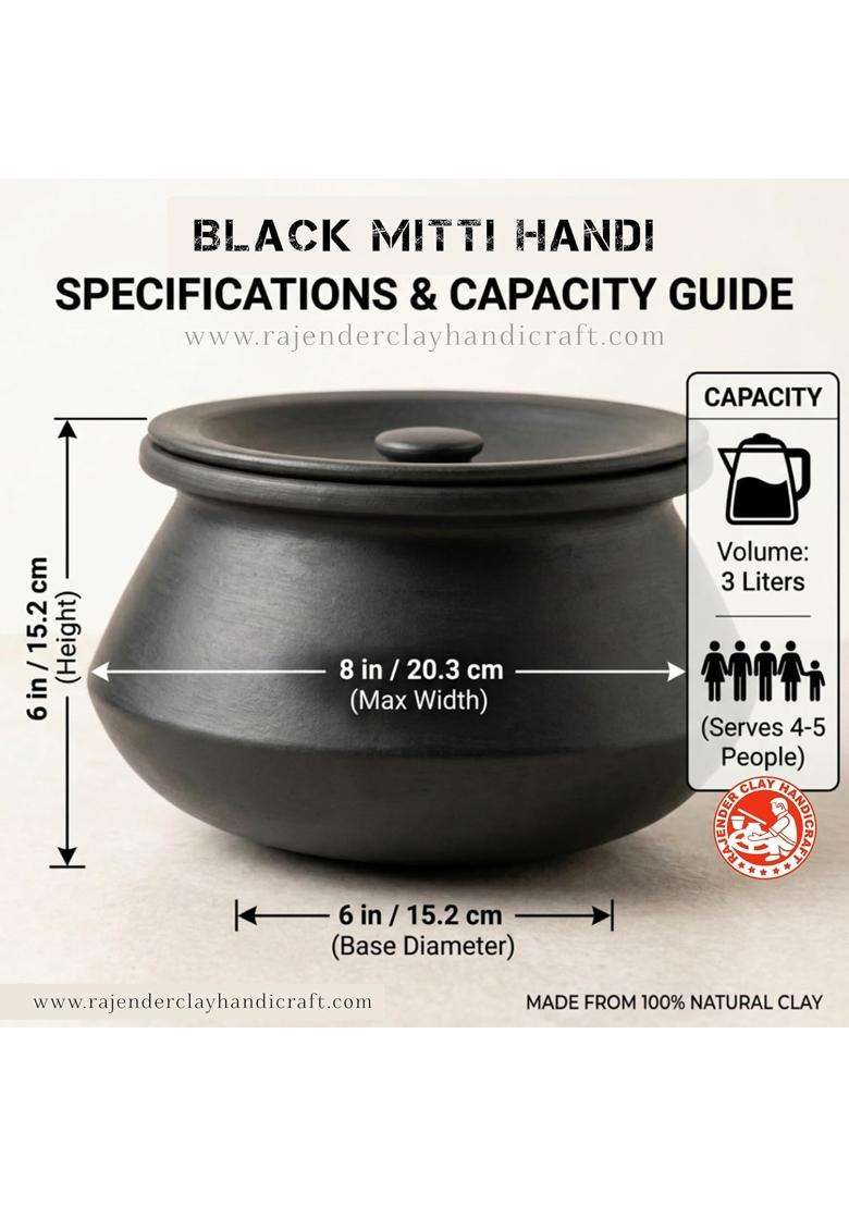 RAJENDER CLAY HANDICRAFT Handmade Black Mitti Handi with Lid | 3 L | 3.2 Qt | Unglazed - Indya