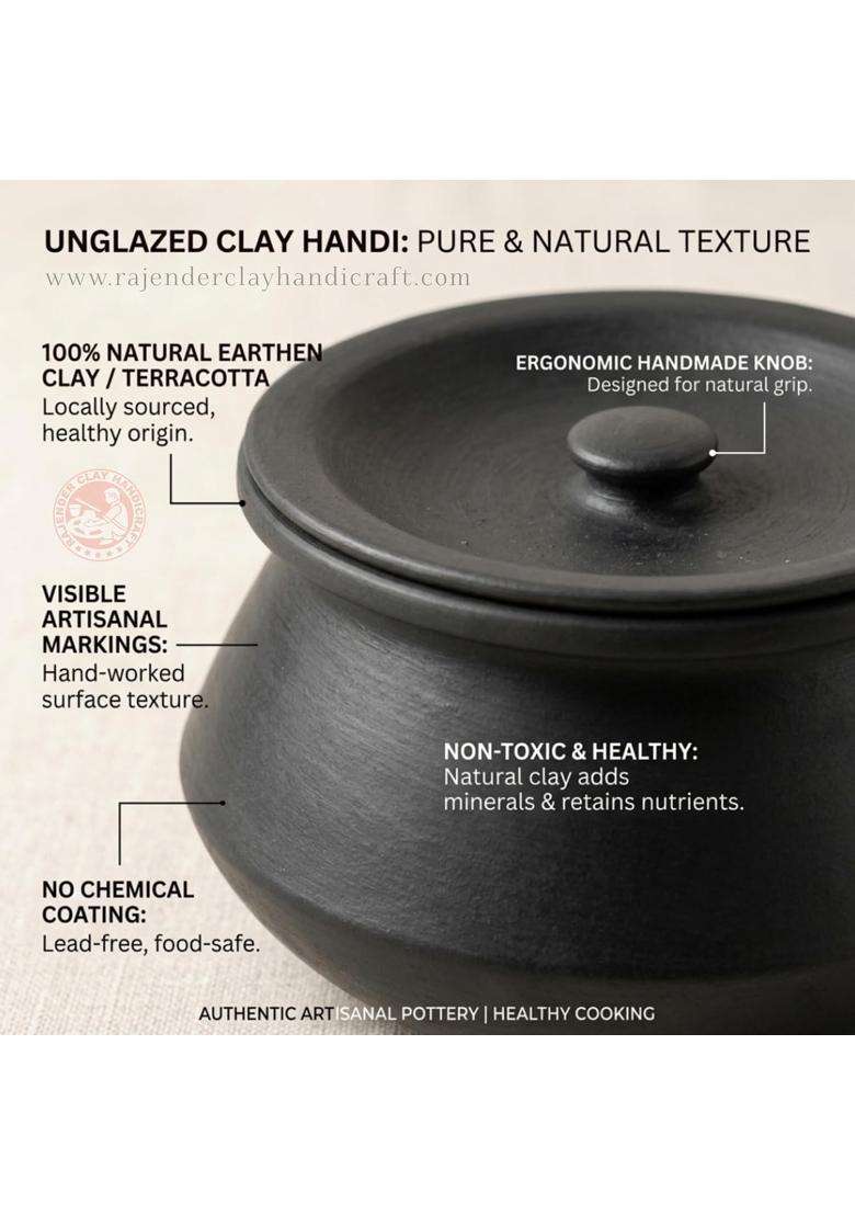 RAJENDER CLAY HANDICRAFT Handmade Black Mitti Handi with Lid | 3 L | 3.2 Qt | Unglazed - Indya
