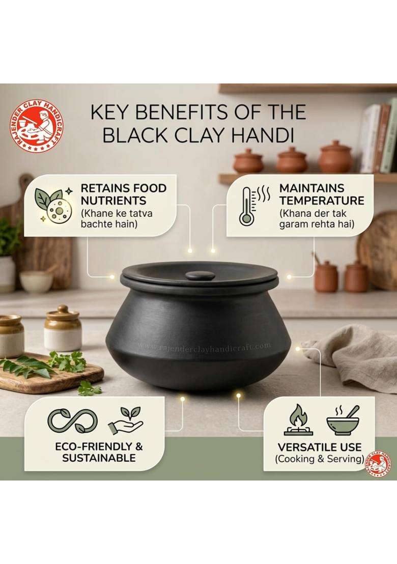 RAJENDER CLAY HANDICRAFT Handmade Black Mitti Handi with Lid | 3 L | 3.2 Qt | Unglazed - Indya