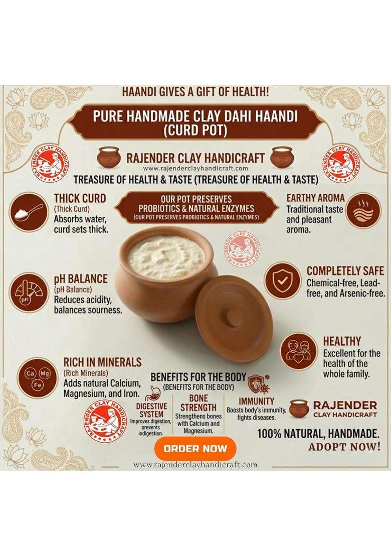 RAJENDER CLAY HANDICRAFT Premium Handmade Dahi Handi Curd Pot | 500 ml | 16.9 fl oz | Non-Toxic - Indya