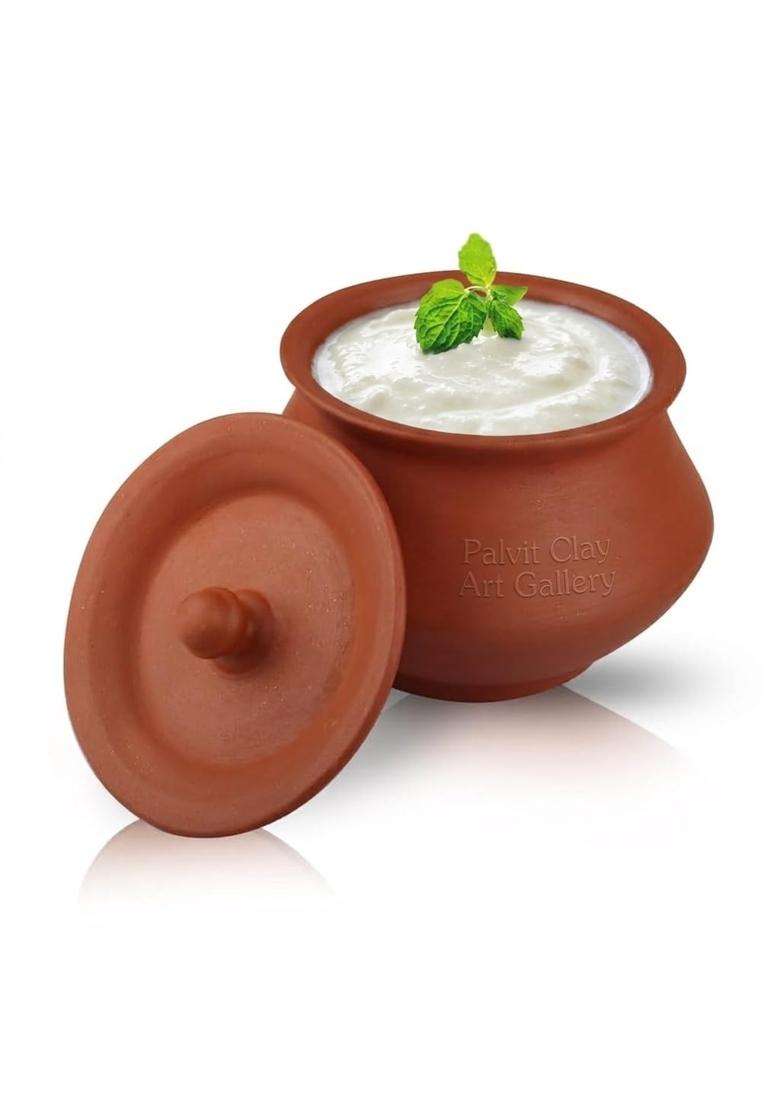 PALVIT CLAY ART GALLERY P.C..G Uncoated Clay Curd Pot for Dahi | 500 ml | 16.9 fl oz | Handcrafted | With Lid - Indya