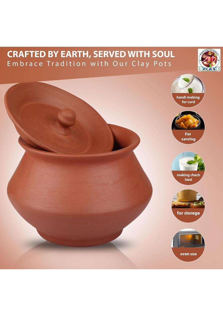 PALVIT CLAY ART GALLERY P.C..G Uncoated Clay Curd Pot for Dahi | 500 ml | 16.9 fl oz | Handcrafted | With Lid - Indya
