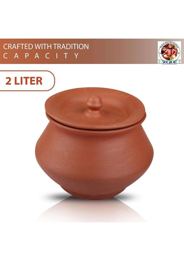 PALVIT CLAY ART GALLERY Unique Terracotta Clay Round Dahi and Sprouts Handi Cooking Pot for Healthy Curd Daal Curry | 2 L | 2.1 Qt - Indya