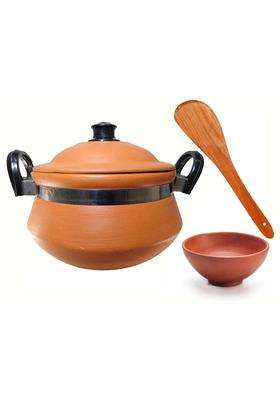 KSI Handi Cooking Serving Lid Bowl Wooden Spatula Combo Clay Pot Terracotta | 3.5 L | 3.7 Qt | 3-Piece Set | Handcrafted