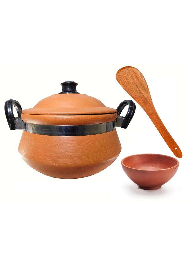 KSI Handi Cooking Serving Lid Bowl Wooden Spatula Combo Clay Pot Terracotta | 3.5 L | 3.7 Qt | 3-Piece Set | Handcrafted - Indya