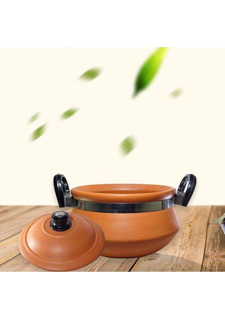 KSI Handi Cooking Serving Lid Bowl Wooden Spatula Combo Clay Pot Terracotta | 3.5 L | 3.7 Qt | 3-Piece Set | Handcrafted - Indya