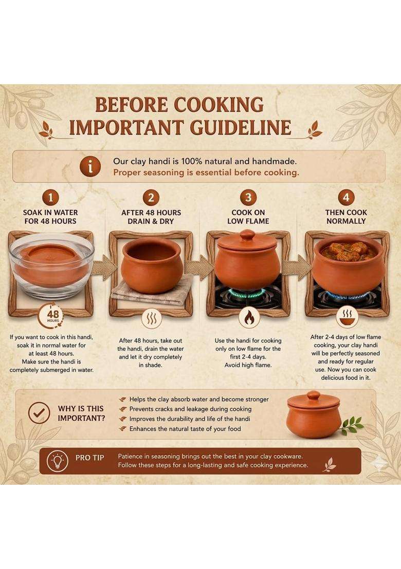 PALVIT CLAY ART GALLERY P.C..G Clay Curd Making and Cooking Handi | 1000 ml | 33.8 fl oz | Handcrafted | With Lid - Indya