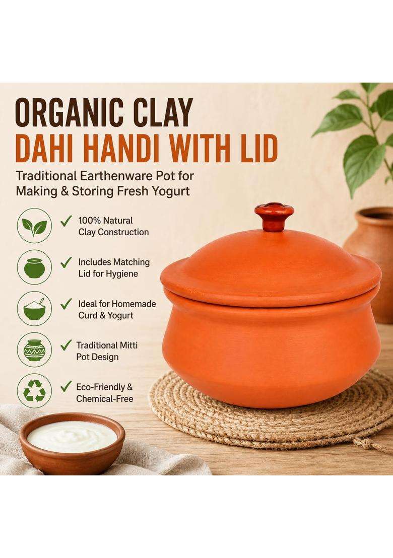 KSI Clay Dahi Handi with Lid | 1000 ml | 33.8 fl oz | Food Safe - Indya