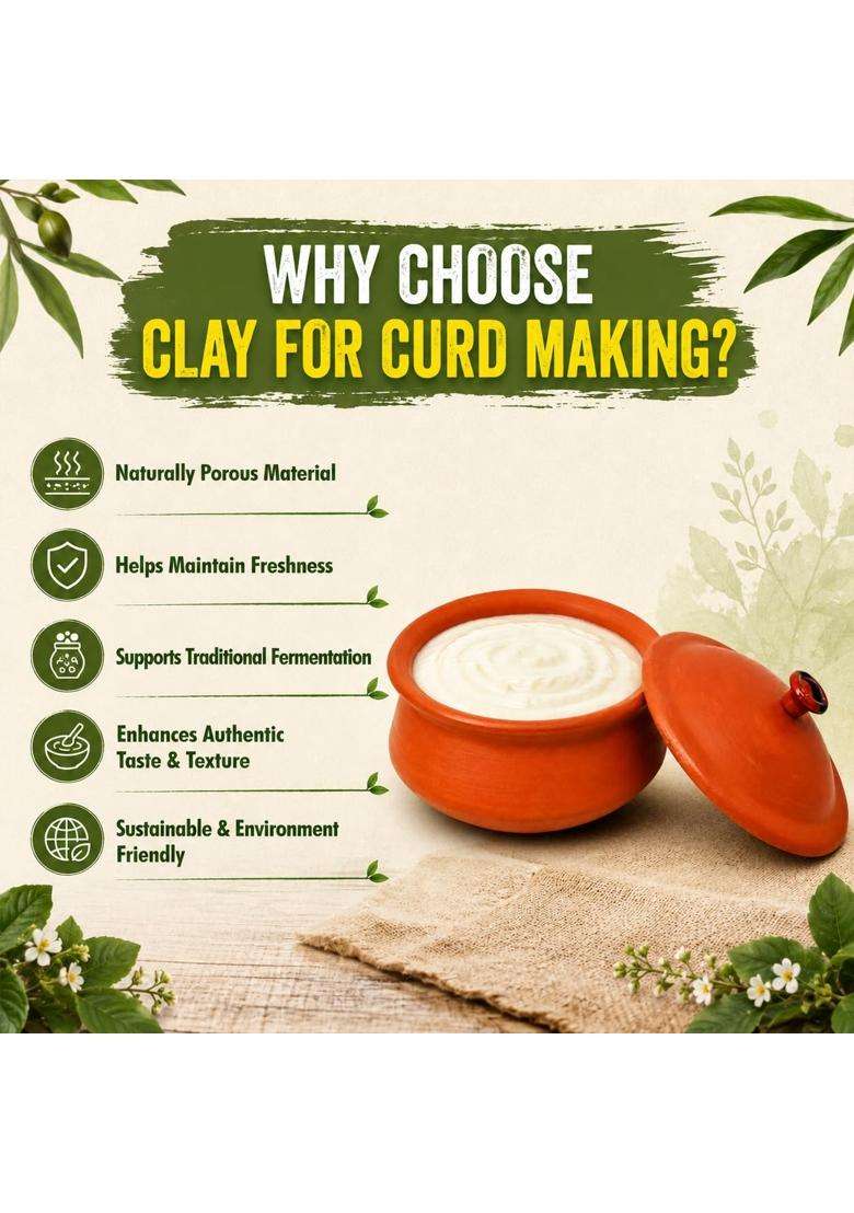 KSI Clay Dahi Handi with Lid | 1000 ml | 33.8 fl oz | Food Safe - Indya