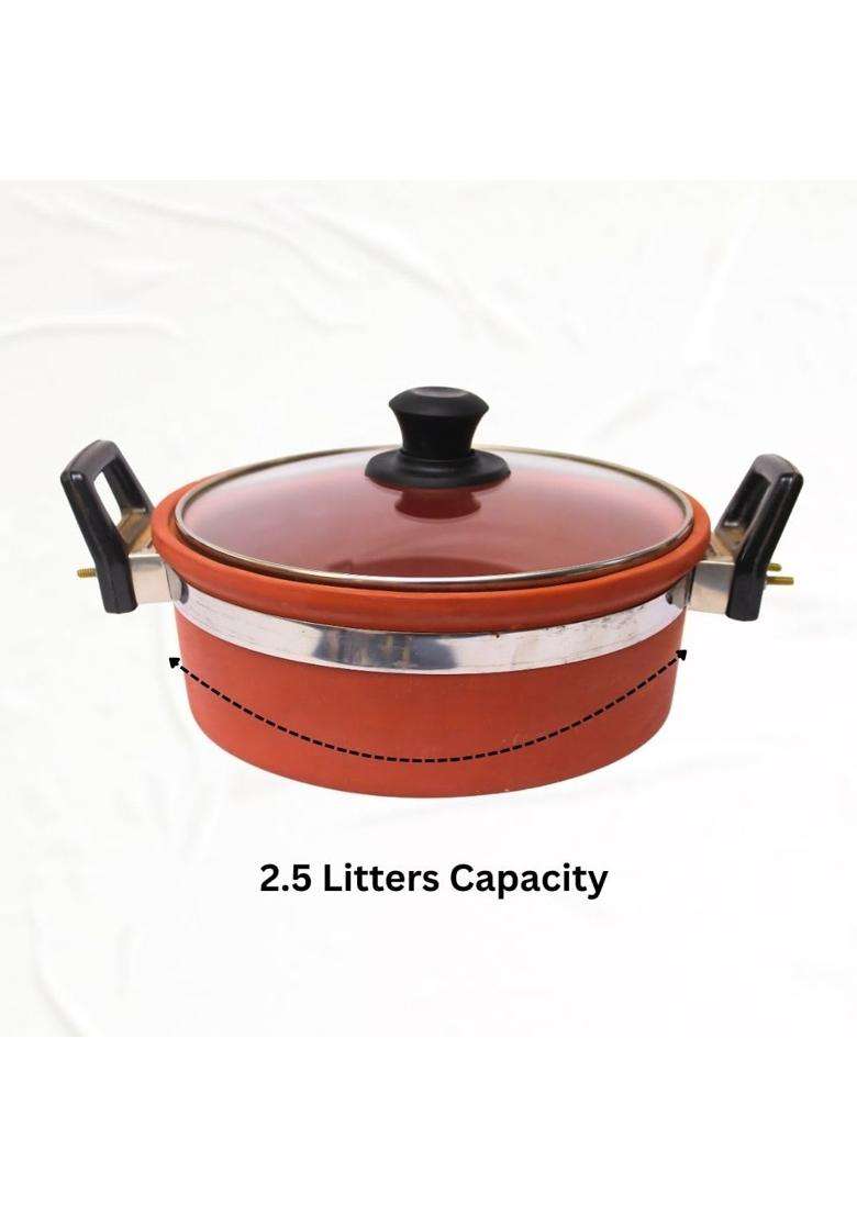 Terra Charms Clay KadhaiOrganic Mitti Ka Kadhai Wok Enhance Your Cooking Experience | 2 L | 2.1 Qt | With Lid - Indya