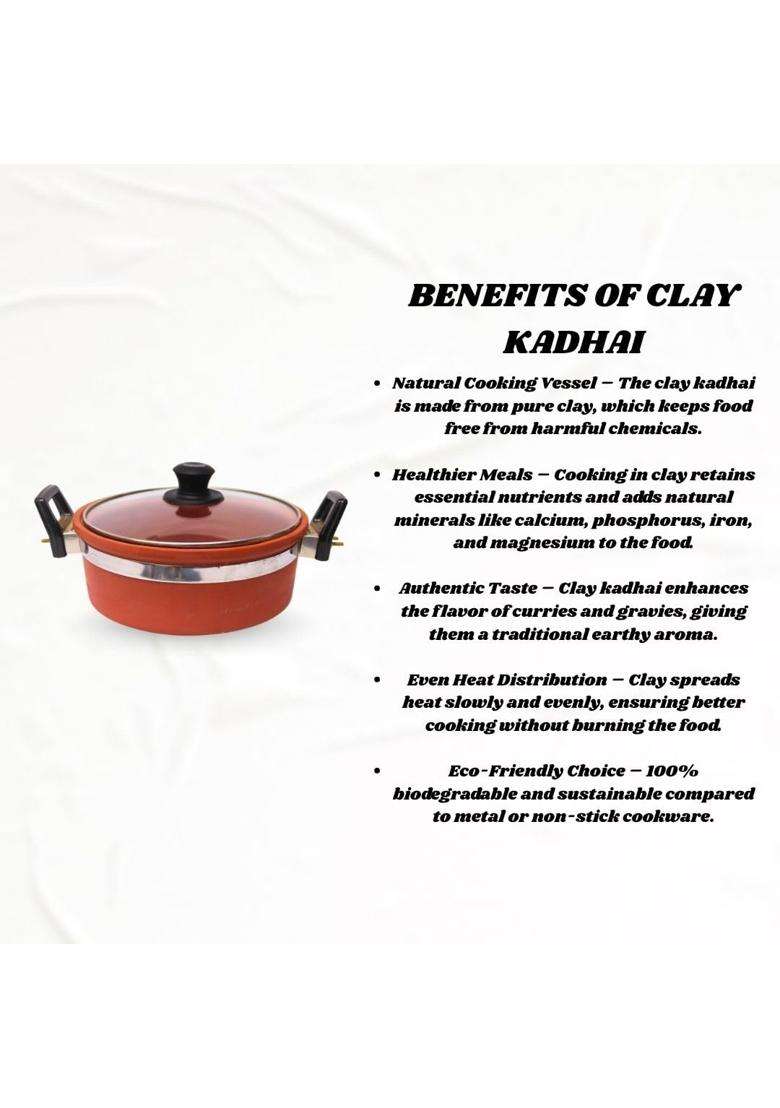Terra Charms Clay KadhaiOrganic Mitti Ka Kadhai Wok Enhance Your Cooking Experience | 2 L | 2.1 Qt | With Lid - Indya
