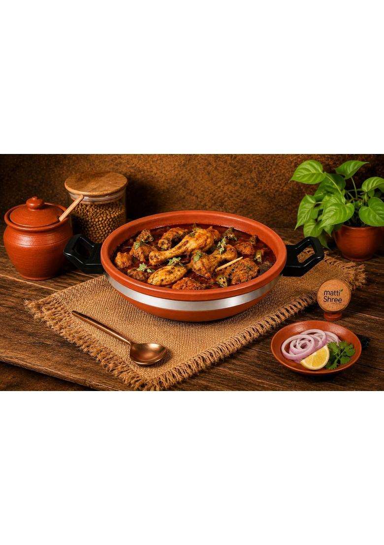 Matti Shree Clay Kadai Wok for Cooking with Lid | 3 L | 3.2 Qt - Indya