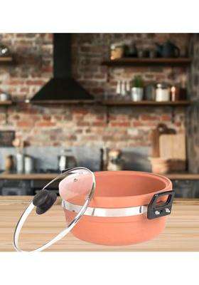 Terra Charms Clay KadhaiPremium Mitti Ka Kadhai Wok Handcrafted for Even Heat Distribution | 1.5 L | 1.6 Qt | With Lid