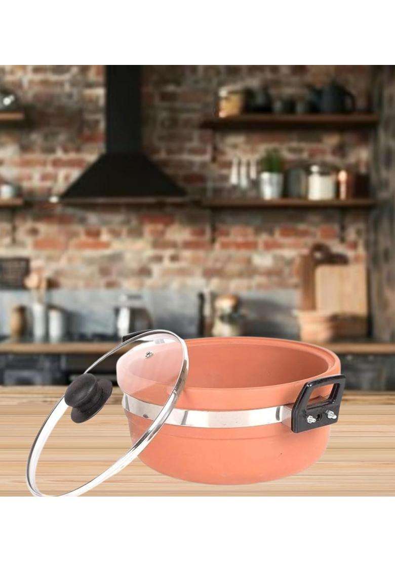 Terra Charms Clay KadhaiPremium Mitti Ka Kadhai Wok Handcrafted for Even Heat Distribution | 1.5 L | 1.6 Qt | With Lid - Indya