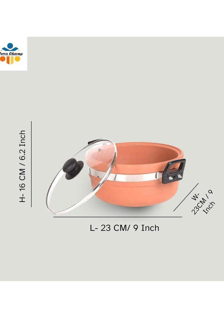 Terra Charms Clay KadhaiPremium Mitti Ka Kadhai Wok Handcrafted for Even Heat Distribution | 1.5 L | 1.6 Qt | With Lid - Indya
