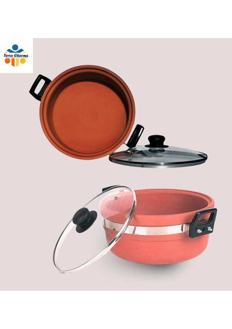 Terra Charms Clay KadhaiPremium Mitti Ka Kadhai Wok Handcrafted for Even Heat Distribution | 1.5 L | 1.6 Qt | With Lid - Indya