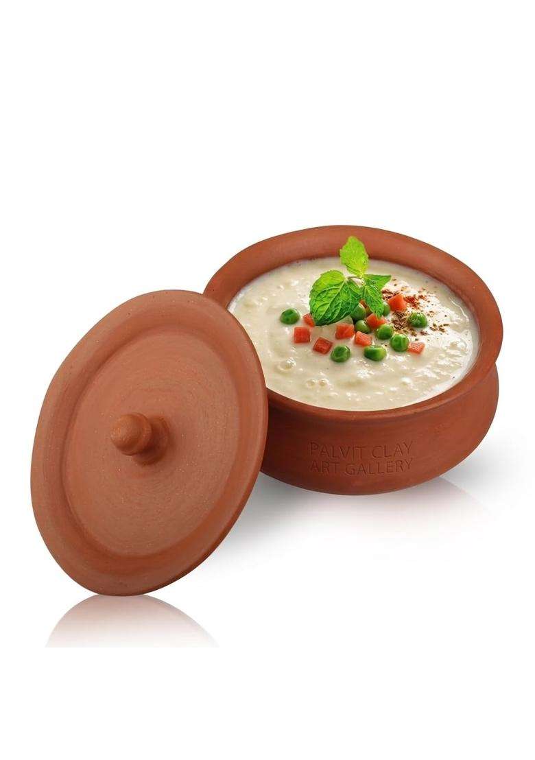 Bhanvi Earthen Cooking Clay Curd Pot Making Curd Chach Lassi Dahi Kadai Wok Handi Mitti Ke | 1000 ml | 33.8 fl oz | With Lid | Unglazed - Indya