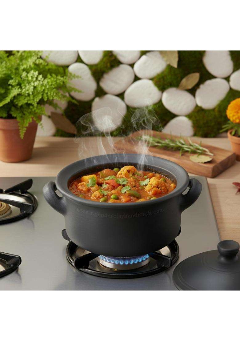 RAJENDER CLAY HANDICRAFT Handcrafted Mitti Black Flat Kadhai Wok | 3 L | 3.2 Qt | Non-Toxic - Indya