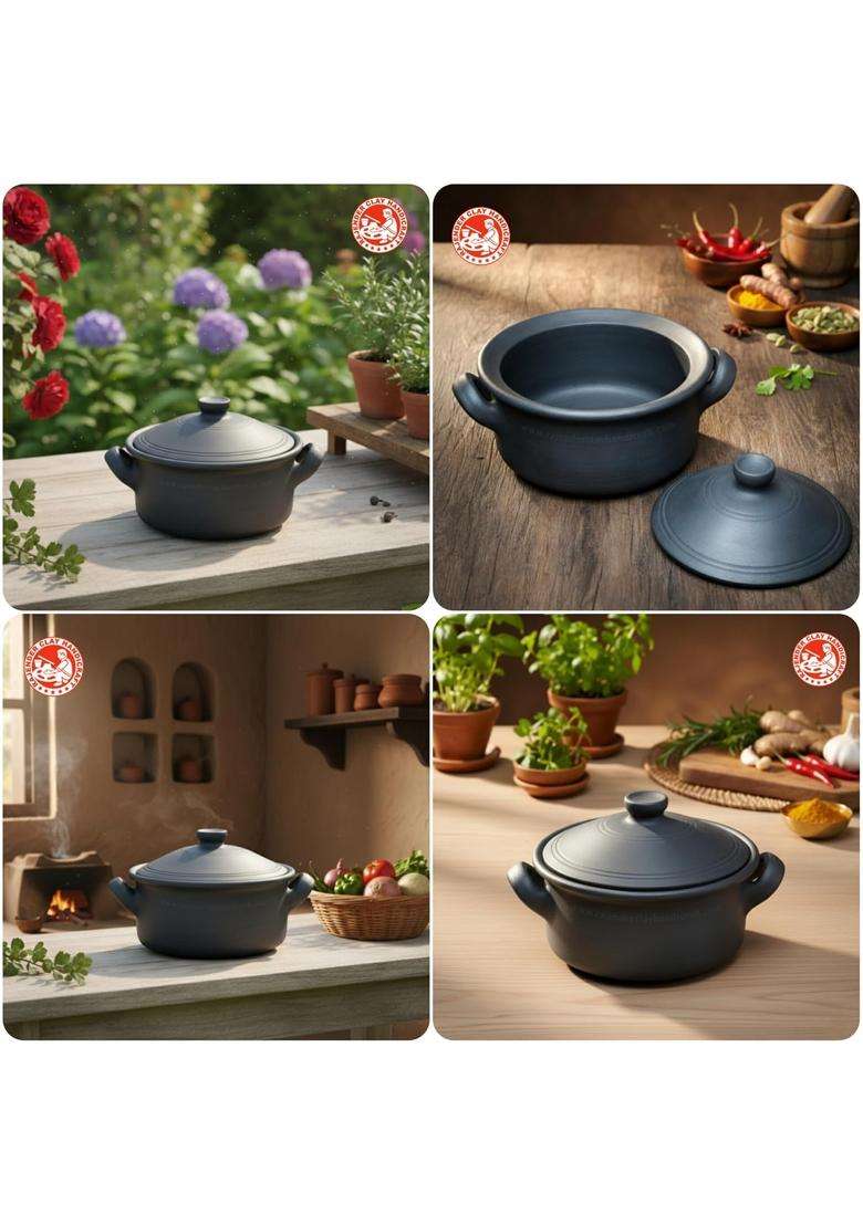 RAJENDER CLAY HANDICRAFT Handcrafted Mitti Black Flat Kadhai Wok | 3 L | 3.2 Qt | Non-Toxic - Indya