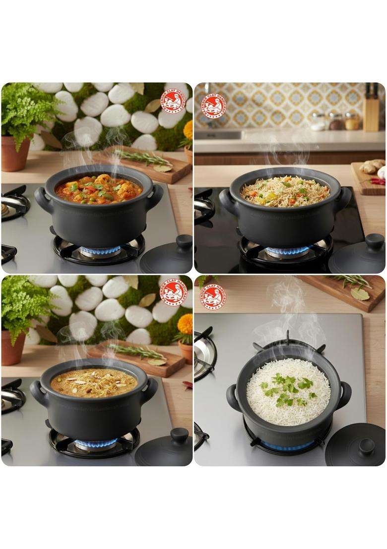 RAJENDER CLAY HANDICRAFT Handcrafted Mitti Black Flat Kadhai Wok | 3 L | 3.2 Qt | Non-Toxic - Indya
